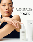 Woman with smooth skin holding LILIS products with 'VOGUE' endorsement.