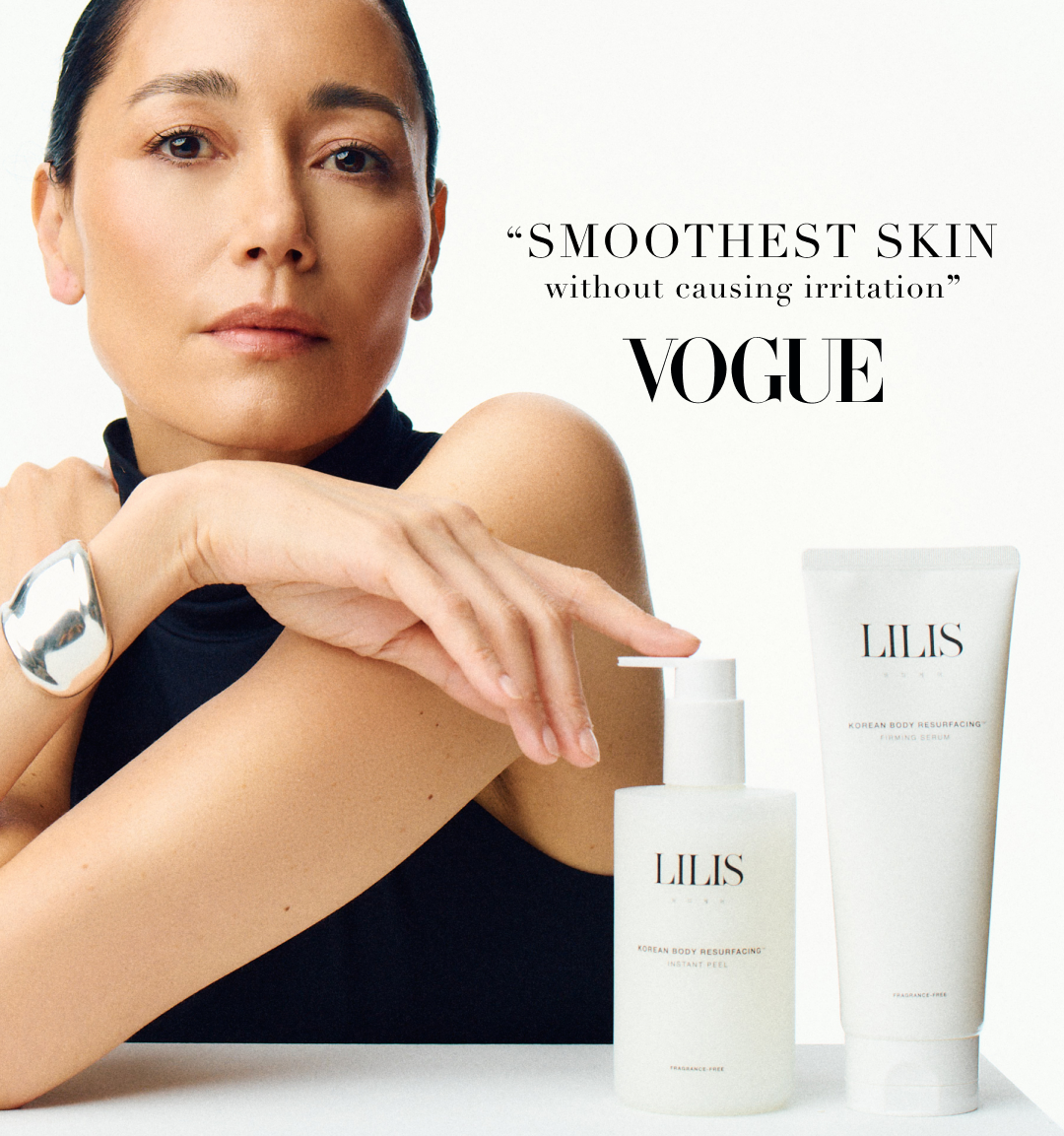Woman with smooth skin holding LILIS products with 'VOGUE' endorsement.